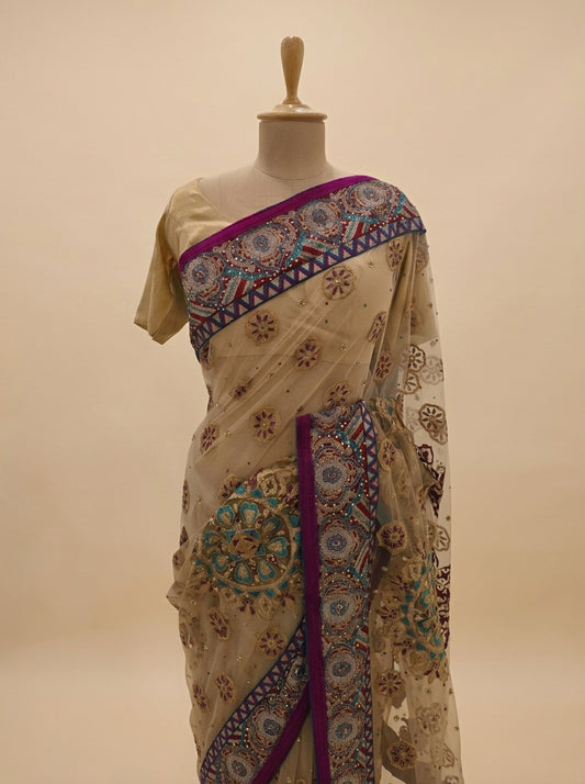 Tussar Net Embroidered Saree With Unstitched Blouse