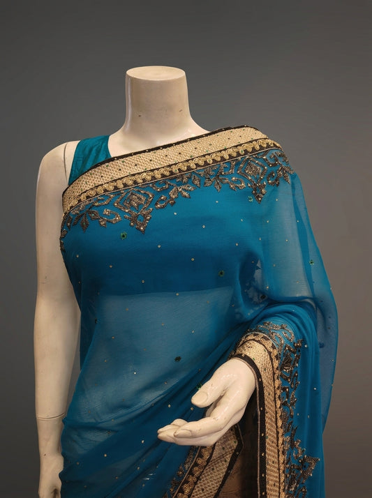 Rama Georgette Embroidered Saree With Unstitched Blouse