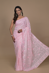 Pink Mirror & Sequence Embroidered Georgette Saree With Unstitched Blouse