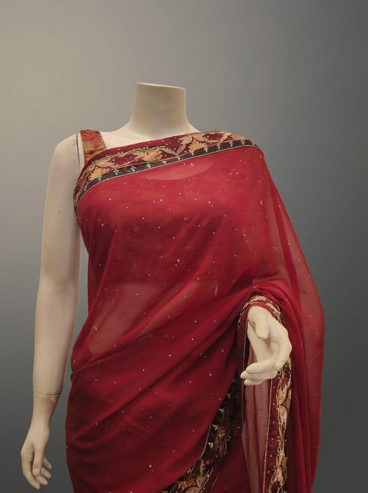 Maroon Georgette Embroidered Saree With Unstitched Blouse