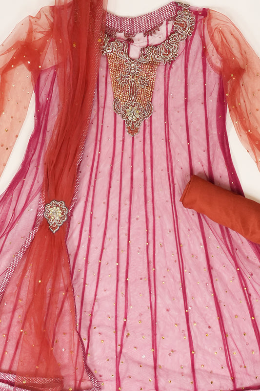 Peach Net Semi Stitched Salwar Suit With Dupatta