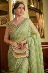 Mint Green Banarasi Woven, Cutdana, Mirror, Sequence, Swarovski & Zari Threadwork Organza Saree With Unstitched Blouse