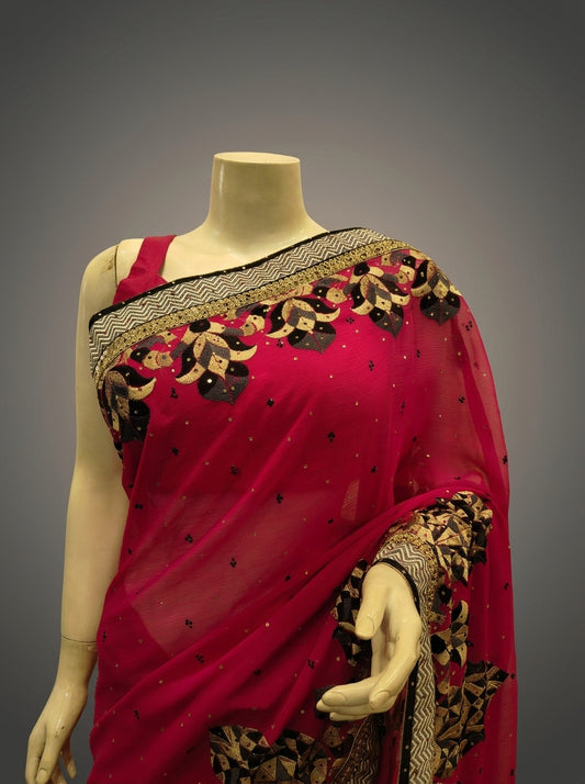 Rani Chiffon Embroidered Saree With Unstitched Blouse