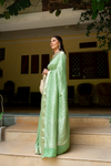 Pista Banarasi Woven Zari Designer Crepe Saree With Unstitched Blouse