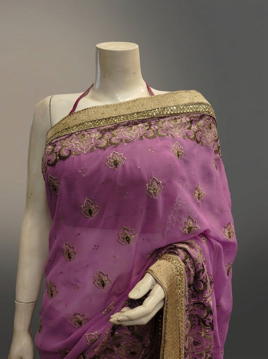 Mauve Chiffon Embroidered Saree With Unstitched Blouse