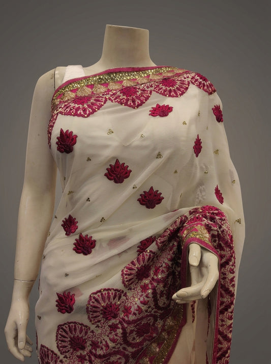 Off White Chiffon Embriodered Saree With Unstitched Blouse