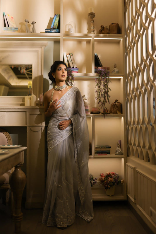 Grey Sequence, Bead, Cutdana & Threadwork Designer Organza Saree With Unstitched Blouse(Ft:-Aishwarya Sakhuja Nag)