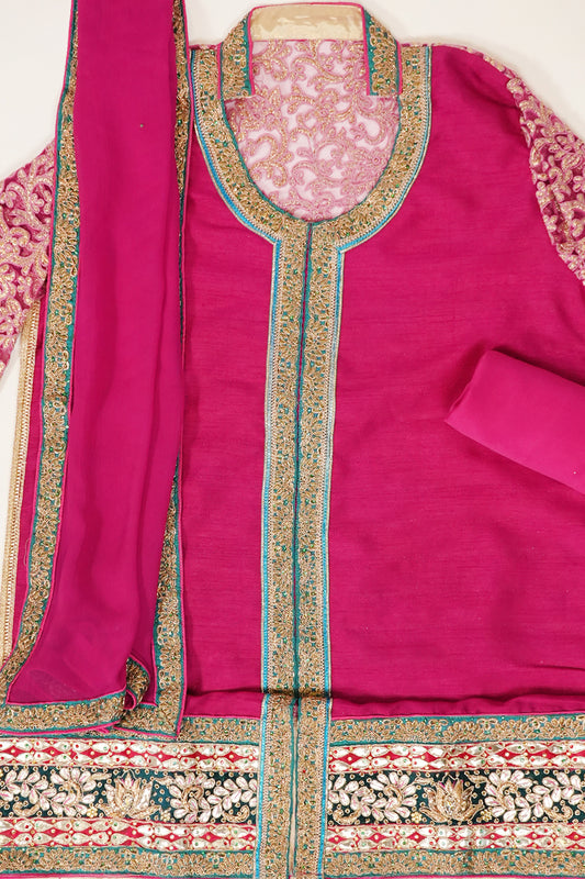Magenta Tussar Semi Stitched Salwar Suit With Dupatta