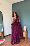 Garnet Net Pre-Draped Designer Saree With Readymade Blouse (Ft:-Review Addict)