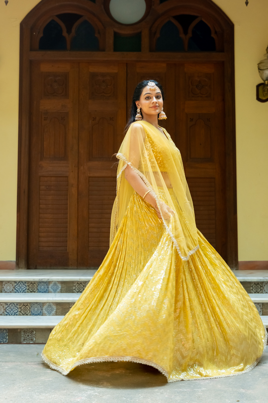 Mango Gold Sequence, Cutdana,Threadwork, Embroidery Georgette Lehenga Set With Readymade Blouse