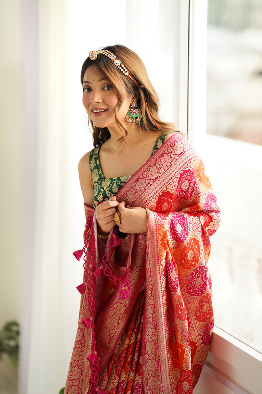 Orange Rani Satin Banarasi Woven Zari Saree With Unstitched Blouse (Ft:-Arti Chauhan)