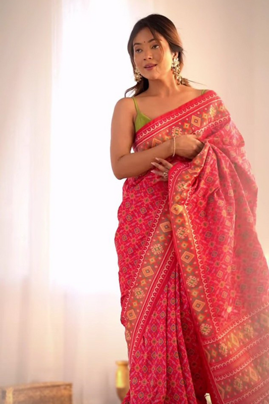 Rani Patola Print With Resham, Zari Banarasi Silk Designer Saree With Unstitched Blouse(Ft:-Arti Chauhan)