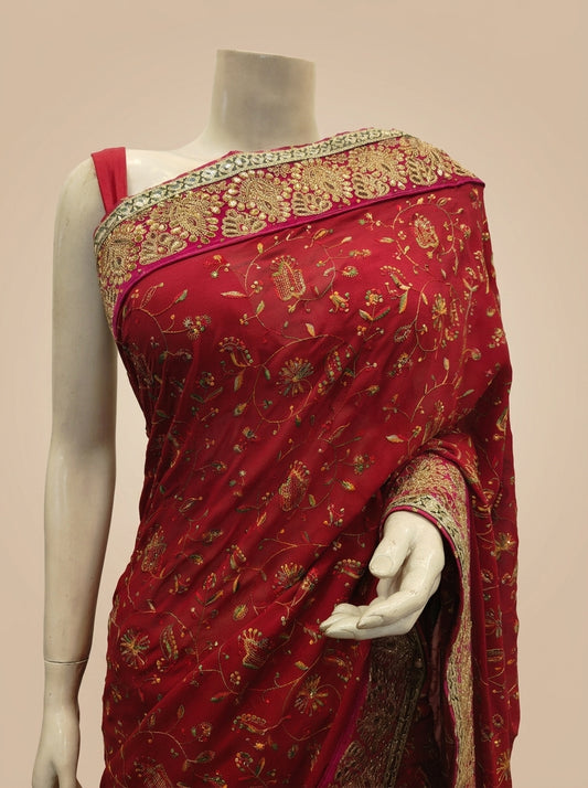 Maroon Crepe Embroidered Saree With Unstitched Blouse