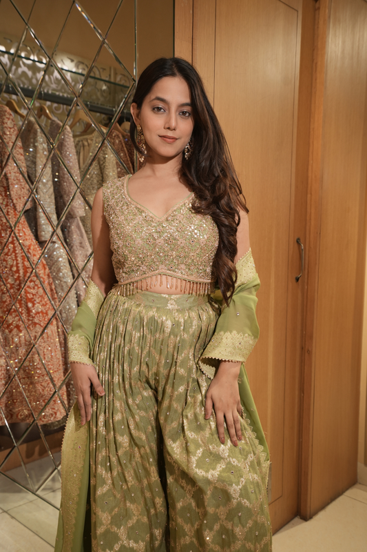 Pista Green Shimmer Tissue Readymade Sharara Set With Georgette Dupatta (Ft:-Muskan Sharma)