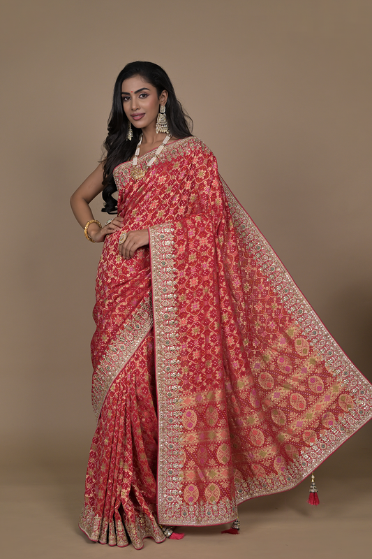 Red Woven Zari, Cudana & Gotta Patti Banarasi Silk Designer Saree With Unstitched Blouse