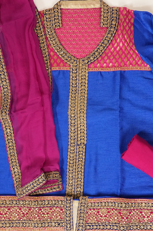 Royal Blue Tussar Semi Stitched Salwar Suit With Dupatta