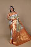 Grey Woven Zari  Banarasi Silk Designer Saree With Unstitched Blouse