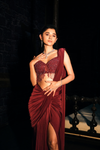 Maroon Net Pre-Draped Designer Saree With Readymade Blouse (Ft:-Kanika Mann)