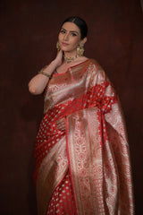 Red Banarasi Silk Woven Zari Saree With Unstitched Blouse