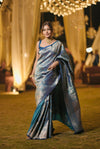 Dark Firozi Banarasi Silk Woven Zari Saree With Unstitched Blouse(Ft:-Surbhi Chandna)