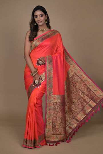 Red Woven Zari Banarasi Silk Saree With Unstitched Blouse