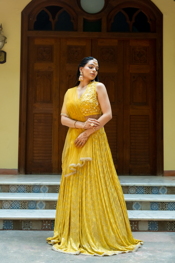 Mango Gold Georgette Lehenga Set And Georgette Dupatta With Readymade Blouse