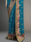 Rama Crepe Embroidered Saree With Unstitched Blouse