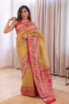 Gold Woven Zari & Paithani Border Tissue Saree With Unstitched Blouse (Ft:-Mahima Khanchandani)