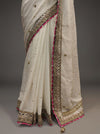 White Jacquard Chiffon Embriodered Saree With Unstitched Blouse