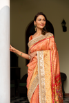 Peach Woven Zari & Mirror, Gotta Patti Banarasi Silk Saree With Unstitched Blouse