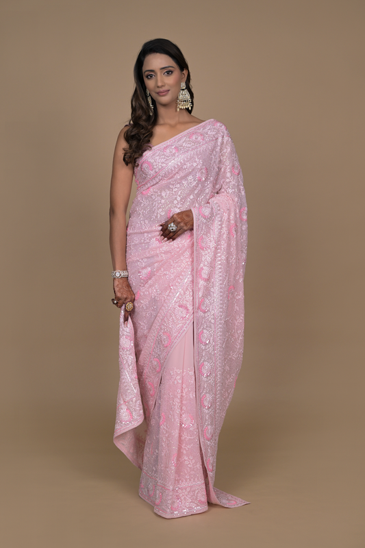 Pink Mirror & Sequence Embroidered Georgette Saree With Unstitched Blouse