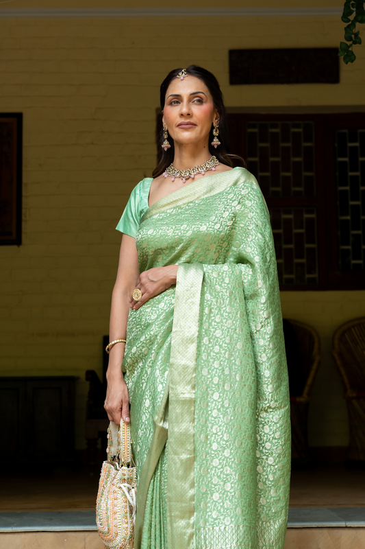 Pista Banarasi Woven Zari Designer Crepe Saree With Unstitched Blouse