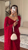 Red Net Embroidered Saree With Unstitched Blouse (Ft:-Isha Borah)