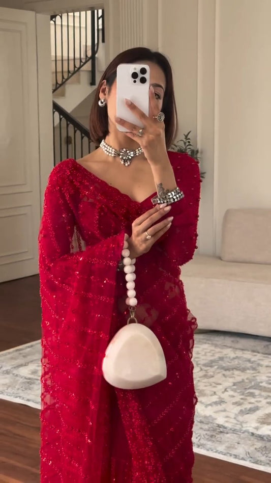 Red Net Embroidered Saree With Unstitched Blouse (Ft:-Isha Borah)