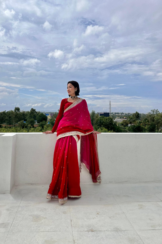 Red Rani Organza Satin Embroidered Sequence Saree (Ft:-Isha Borah)