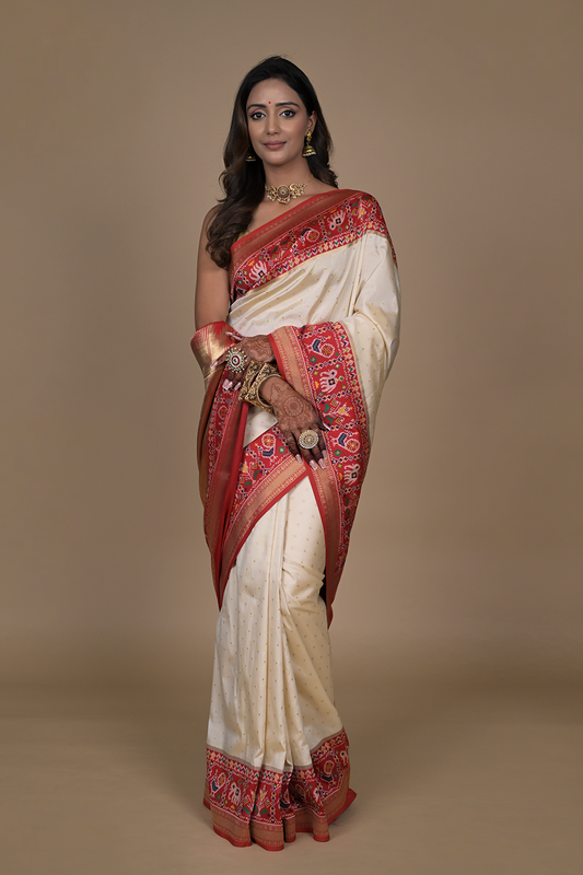 Off White Banarasi Woven Zari Designer Banarasi Silk Saree With Unstitched Blouse