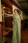 Mint Green Banarasi Woven, Cutdana, Mirror, Sequence, Swarovski & Zari Threadwork Organza Saree With Unstitched Blouse