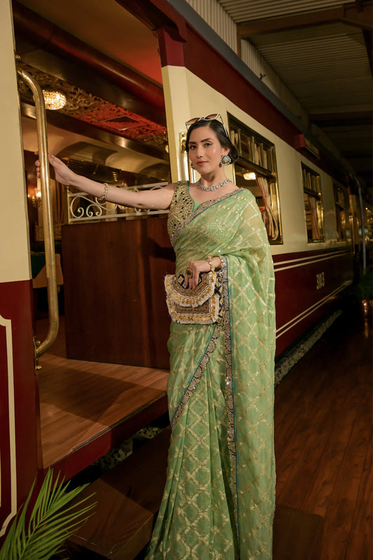 Mint Green Organza Embroidered Saree With Readymade Blouse