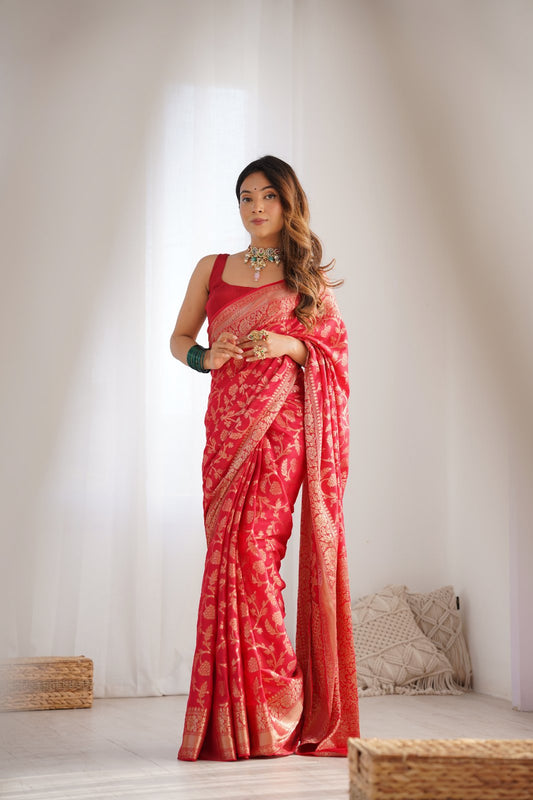 Red Woven Zari Banarasi Silk Saree With Unstitched Blouse (Ft:-Arti Chauhan)