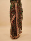 Bottle Green Net Embroidered Saree With Unstitched Blouse
