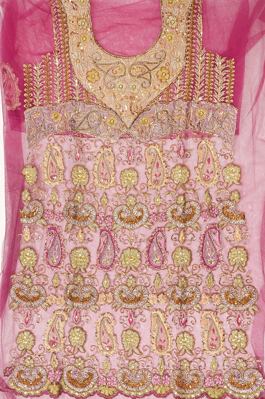 Magenta Net Unstitched Suit Salwar With Dupatta