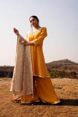 Mustard Dolna Readymade Sharara Set With Organza Dupatta