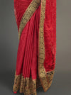 Red Jacquard Embroidered Saree With Unstitched Blouse
