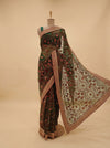 Bottle Green Net Embroidered Saree With Unstitched Blouse