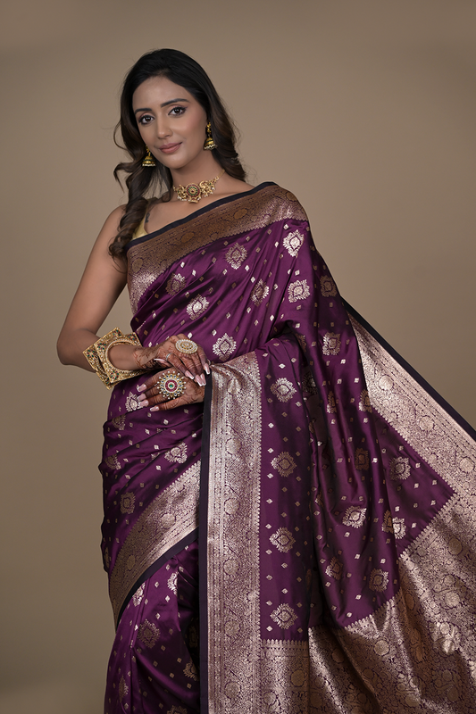 Wine Banarasi Woven Zari Saree With Unstitched Blouse