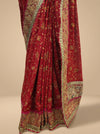Maroon Crepe Embroidered Saree With Unstitched Blouse