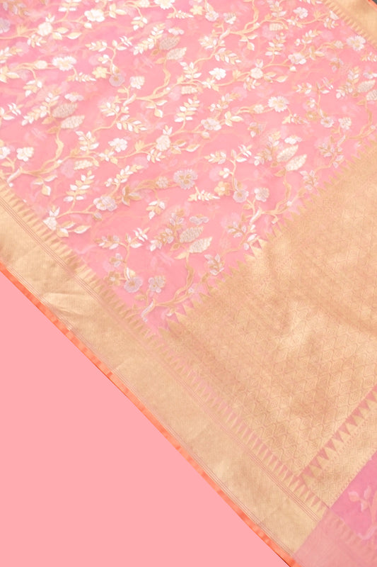 Pink Organza Embroidered Saree With Unstitched Blouse