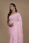 Pink Mirror & Sequence Embroidered Georgette Saree With Unstitched Blouse