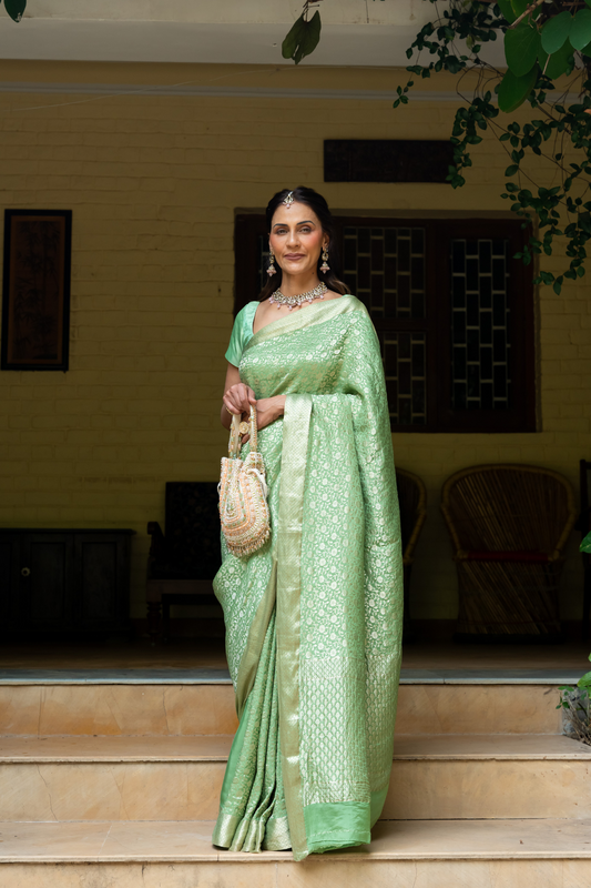 Pista Banarasi Woven Zari Designer Crepe Saree With Unstitched Blouse