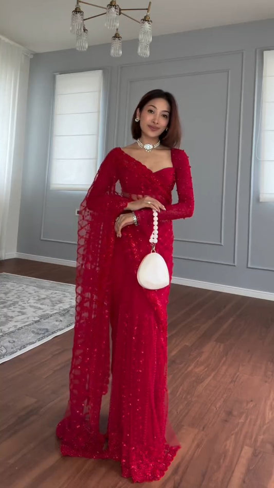 Red Net Embroidered Saree With Unstitched Blouse (Ft:-Isha Borah)
